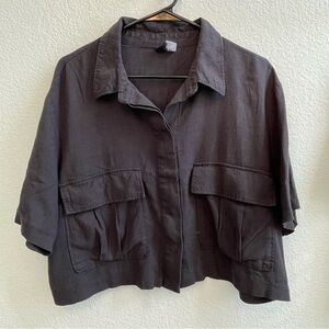 Divided Linen Cropped Button Down Shirt Large